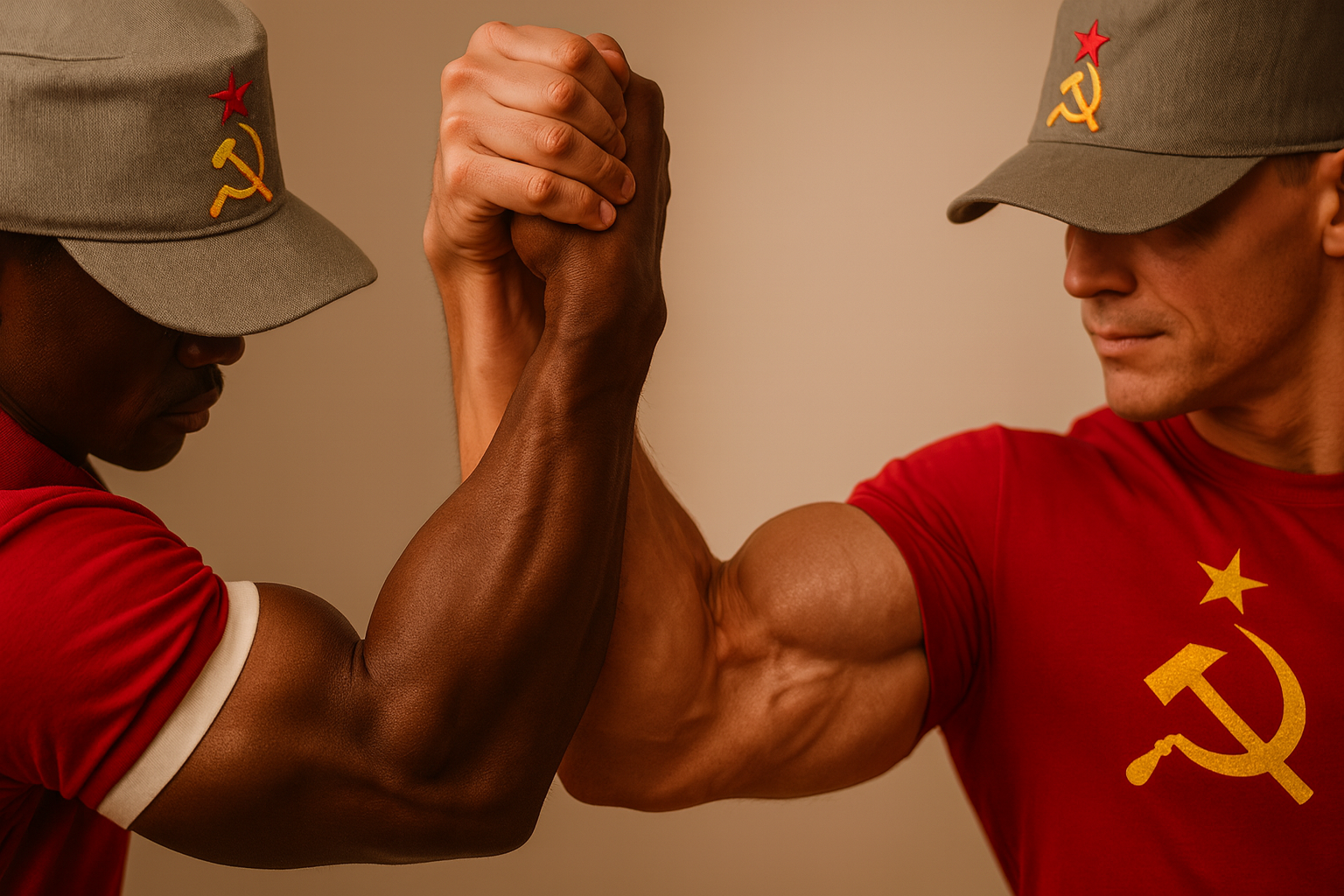 A stylized propaganda poster of a vigilant collective leader framed by star motifs