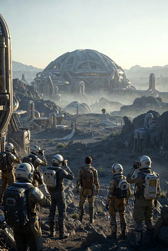 Captain Starlod overlooking the scarred skyline of Doos