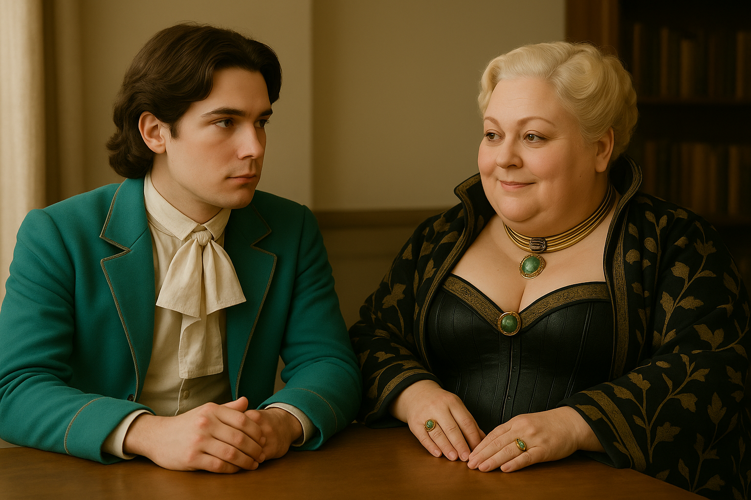 Adhemar Mann and Helga Britannia sharing the stage during a tense scene