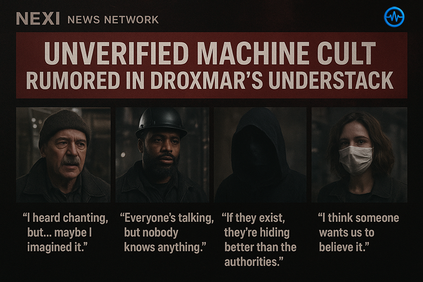 A monochrome crowd pressing toward a towering machine idol lit from above