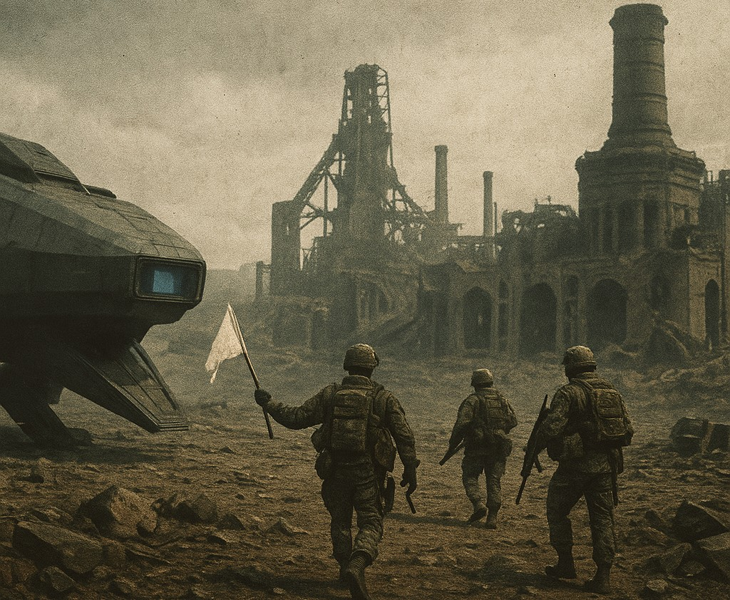 Eagle Republic troops advancing past rusted industrial towers under low clouds