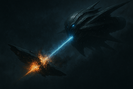 A shattered science vessel flanked by an emerging dreadnought