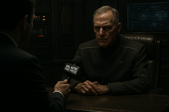 A presidential press dais bathed in broadcast lights
